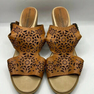 Barbara Barbieri Leather Lazer Cut Block Heel Open Toe Sling Back Sandals 8M Y2K